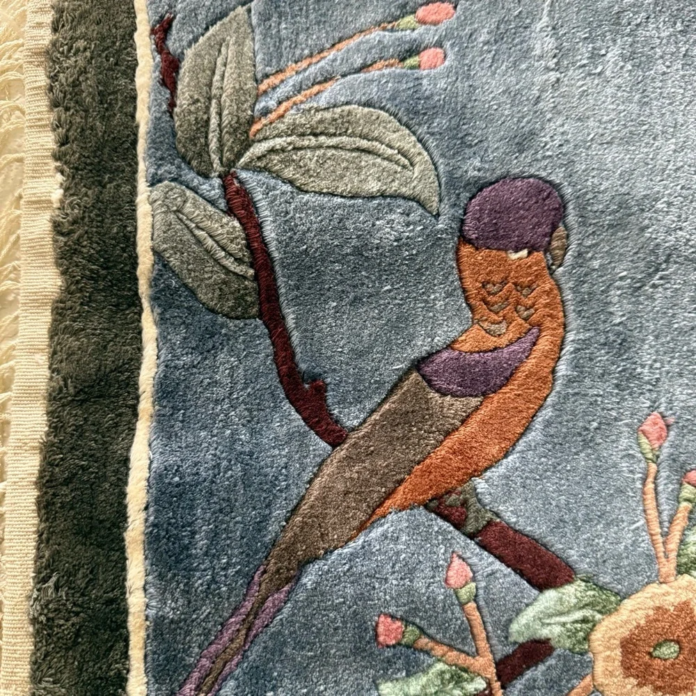 Vintage Hand-Knotted Chinese Silk Bird Flowers Wall Hanging Tapestry Rug 24”X12”